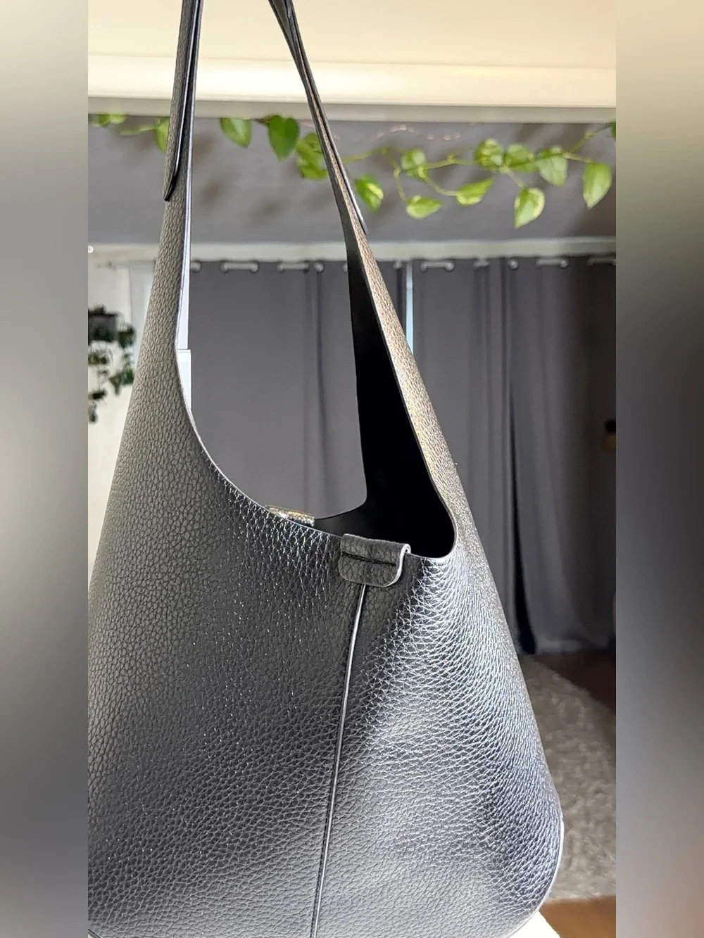 Black Pebbled Leather Slouchy Hobo Bag Minimalist Tulip Tote Pouch